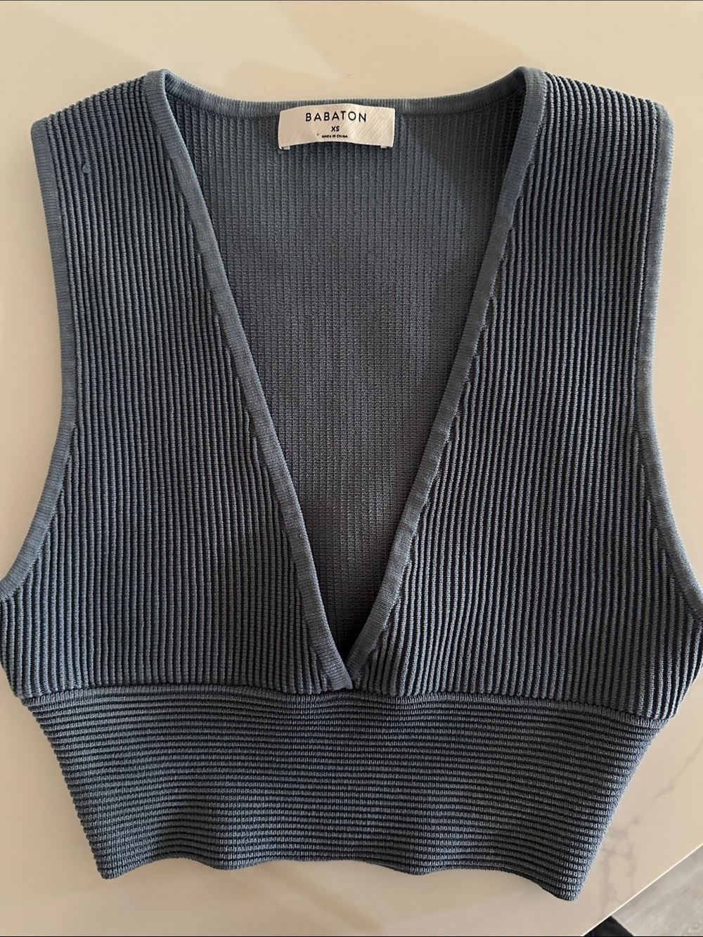 Babaton Slate Blue Ribbed V-Neck Crop Tank